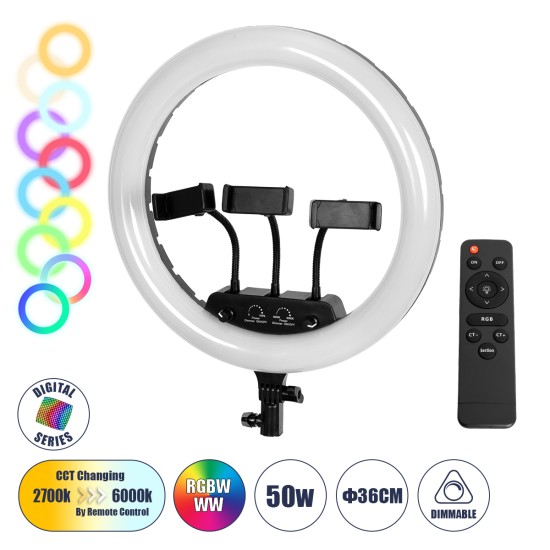 75804 Professional Digital Ring Light Φ36cm LED SMD 50W 5000lm 180° AC 230V με Καλώδιο Τροφοδοσίας Πρίζας - Ασύρματο Χειριστήριο RF 2.4Ghz Εναλλαγής Χρωμάτων & 3 Βάσεις Τηλεφώνου - Πολύχρωμο RGBW+WW Dimmable