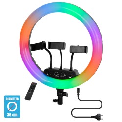 75804 Professional Digital Ring Light Φ36cm LED SMD 50W 5000lm 180° AC 230V με Καλώδιο Τροφοδοσίας Πρίζας - Ασύρματο Χειριστήριο RF 2.4Ghz Εναλλαγής Χρωμάτων & 3 Βάσεις Τηλεφώνου - Πολύχρωμο RGBW+WW Dimmable