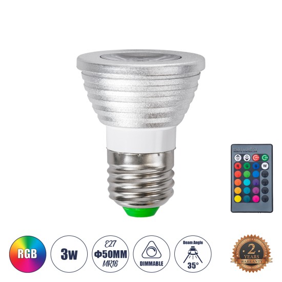 76066 Σποτ LED E27 MR16 3W 200lm 90° AC 220-240V IP20 Φ5 x Υ8.5cm - Εναλλαγή Φωτισμού μέσω Τηλεχειριστηρίου RGB - Dimmable - 2 Χρόνια Εγγύηση