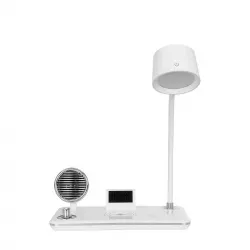 OLDY 76557 Μοντέρνο Επιτραπέζιο Φωτιστικό Γραφείου με Ασύρματη Φόρτιση 15W 3A, 5W Bluetooth Ηχείο & Ψηφιακό Ρολόι LED 3W 300lm 120° DC 5V με USB-C IP20 Ρυθμιζόμενο Λευκό CCT με Αφή 2700K/4500K/6000K Dimmable - Sanan SMD Chip - Λευκό - Μ13 x Π25 x Υ43c