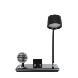 OLDY 76563 Μοντέρνο Επιτραπέζιο Φωτιστικό Γραφείου με Ασύρματη Φόρτιση 15W 3A, 5W Bluetooth Ηχείο & Ψηφιακό Ρολόι LED 3W 300lm 120° DC 5V με USB-C IP20 Ρυθμιζόμενο Λευκό CCT με Αφή 2700K/4500K/6000K Dimmable - Sanan SMD Chip - Μαύρο - Μ13 x Π25 x Υ43c