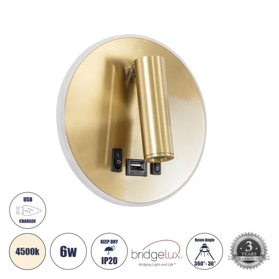 LADY-R 60940 Μοντέρνο Φωτιστικό Τοίχου - Απλίκα Ξενοδοχείου Bed Side LED 6W 600lm 36° & 360° AC 220-240V - Reading Light & Κρυφός Φωτισμός - Φορτιστής USB 3A - Φ15 x Υ7cm - Φυσικό Λευκό 4500K - Χρυσό Βούρτσας - 3 Χρόνια Εγγύηση LADY-R 60940 Μοντέρνο Φωτιστικό Τοίχου - Απλίκα Ξενοδοχείου Bed Side LED 6W 600lm 36° & 360° AC 220-240V - Reading Light & Κρυφός Φωτισμός - Φορτιστής USB 3A - Φ15 x Υ7cm - Φυσικό Λευκό 4500K - Χρυσό Βούρτσας - 3 Χρόνια Εγγύηση