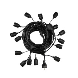 E27GARLAND 78985 Μοντέρνο Φωτιστικό Κήπου Γιρλάντα 20m με Ντουί 15 x E27 & Πρίζα Schuko Επεκτεινόμενη 90° AC 220-240V IP65 - Μαύρο - Μ1500 x Π127 x Υ16cm