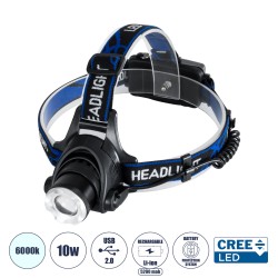 79055 Φακός Κεφαλής Επαναφορτιζόμενος LED CREE XML2-T6 Chip 10 Watt 800lm με 2 x 18650 Μπαταρίες 5200mAh - Ψυχρό Λευκό 6000K - Μ8.5 x Π6.5 x Υ7cm