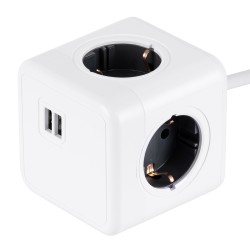 TRAVEL PowerCube PRO Certified 79639 Πολύπριζο 6 Θέσεων με 1.5m Kαλώδιο - 4 Πρίζες Ασφαλείας Childproof EU Schuko AC 220-240V & 2 Πρίζες USB Max 2.1A/DC 5V Μ7.5 x Π7.5 x Υ7.5 - Λευκό με Γκρι - Max Load 3680W/16A