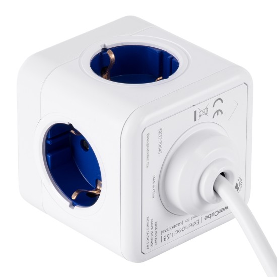 TRAVEL PowerCube PRO Certified 79643 Πολύπριζο 6 Θέσεων με 1.5m Kαλώδιο - 4 Πρίζες Ασφαλείας Childproof EU Schuko AC 220-240V & 2 Πρίζες USB Max 2.1A/DC 5V Μ7.5 x Π7.5 x Υ7.5 - Λευκό με Μπλε - Max Load 3680W/16A