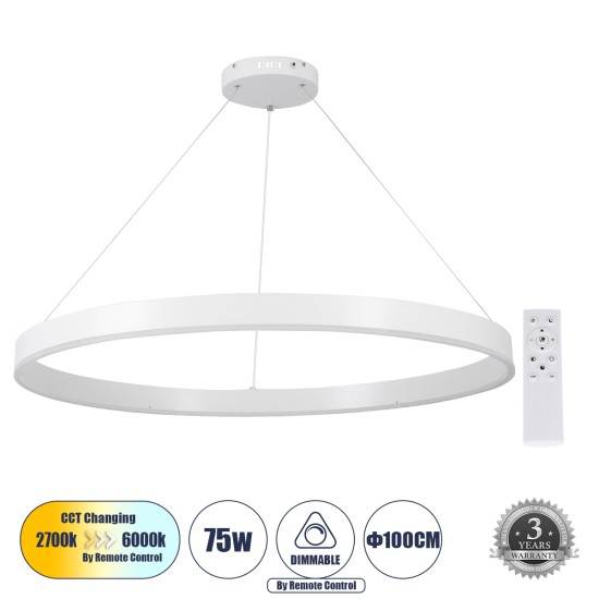 VENOM 61183 Μοντέρνο Κρεμαστό Φωτιστικό Οροφής LED 75W 8818lm 120° AC 220-240V IP20 Ρυθμιζόμενο Λευκό CCT με Χειριστήριο από 2700K έως 6000K Dimmable - Lumileds SMD Chip - Λευκό Ματ - Μ100 x Π100 x Υ6.5cm - 3 Χρόνια Εγγύηση