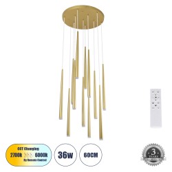 TEARS 61314 Κρεμαστό Φωτιστικό Οροφής Design LED CCT 36W 3960lm 180° AC 220-240V - Εναλλαγή Φωτισμού μέσω Τηλεχειριστηρίου All In One Ψυχρό 6000k+Φυσικό 4500k+Θερμό 2700k Dimmable Φ60 x Υ51.5cm - Χρυσό Βούρτσας - 3 Years Warranty