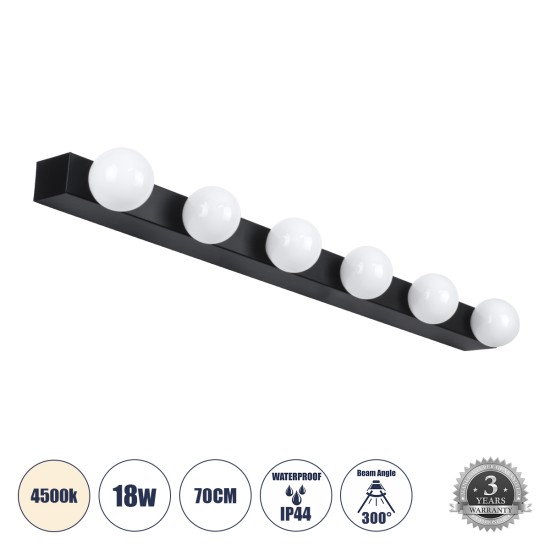 BELLA 60452 Μοντέρνο Φωτιστικό Τοίχου - Απλίκα Καθρέπτη Μπάνιου LED 18W 2052lm 300° AC 220-240V IP44 Φυσικό Λευκό 4500K - Bridgelux COB Chip & TÜV SÜD Driver - Μαύρο Ματ & Λευκό - Μ70 x Π11 x Υ6cm - 3 Χρόνια Εγγύηση