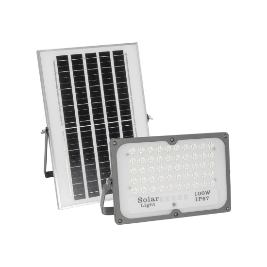 LUMOVOX 73067 Προβολέας LED 100W 5000lm 120° DC 5V με Φωτοβολταϊκό Panel 5V 8W & Επαναφορτιζόμενη Μπαταρία Li-ion 3.2V 5000mAh Αδιάβροχο IP67 Ψυχρό Λευκό 6000K - 120 x SMD2835 Sanan Chip - Γκρι Ανθρακί - Μ25 x Π5.5 x Υ17.5cm - 2 Χρόνια Εγγύηση