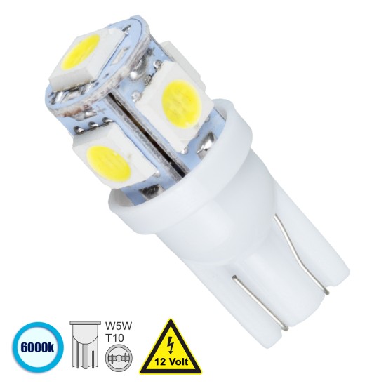 T10 W5W 81050 Λάμπα Αυτοκινήτου LED 5xSMD5050 1.3W 110lm 360° DC 12-16V IP20 Φ1.2 x Υ2.7cm Ψυχρό Λευκό 6000K