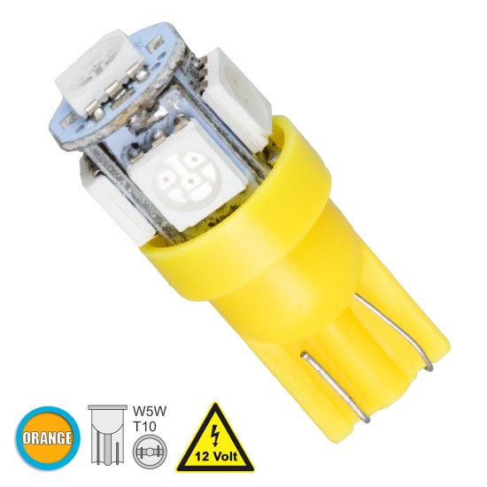 T10 W5W 81054 Λάμπα Αυτοκινήτου LED 5xSMD5050 1.3W 80lm 360° DC 12-16V IP20 Φ1.2 x Υ2.7cm Πορτοκαλί