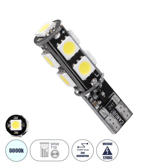 T10 W5W 81096 Λάμπα Αυτοκίνητου LED  2rd Generation Can-Bus Series 9xSMD5050 4.14W 540lm 360° DC 12-16V IP20 Φ1 x Υ3.9cm Ψυχρό Λευκό 6000K