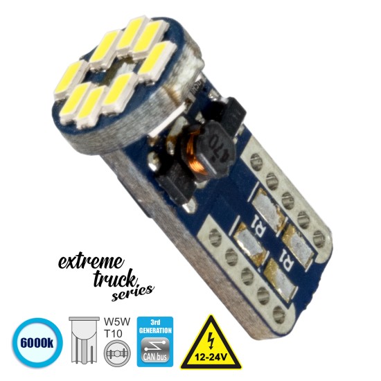 T10 W5W 81104 Λάμπα Αυτοκίνητου  3rd Generation Can-Bus Extreme Truck Series LED 12 SMD 3014 3.2W 480lm 360° DC 12-24V IP20 Ψυχρό Λευκό 6000K