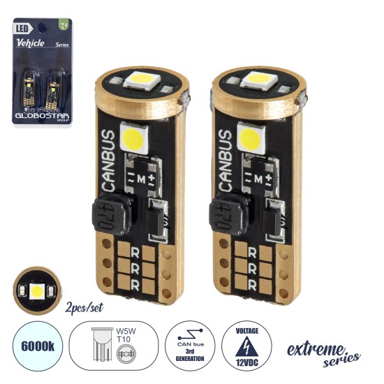 T10 W5W 81115-B Λάμπες Αυτοκινήτου LED  3rd Generation Can-Bus Extreme Series 3xSMD3030 3W 423lm 360° DC 12-16V IP20 Φ1 x Υ2.5cm Ψυχρό Λευκό 6000K - Σετ 2 Τεμαχίων σε Blister