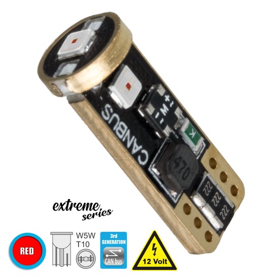 T10 W5W 81116 Λάμπα Αυτοκίνητου  3rd Generation Can-Bus Extreme Series LED 3 SMD 3030 3W 360lm 360° DC 12V IP20 Κόκκινο