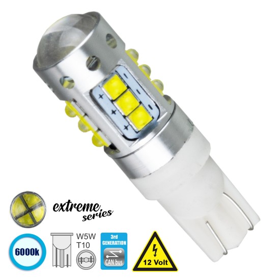 T10 W5W 81120 Λάμπα Αυτοκίνητου  3rd Generation Can-Bus Extreme Series LED 16 CREE XBD 15W 2115lm 360° DC 12V IP20 Ψυχρό Λευκό 6000K