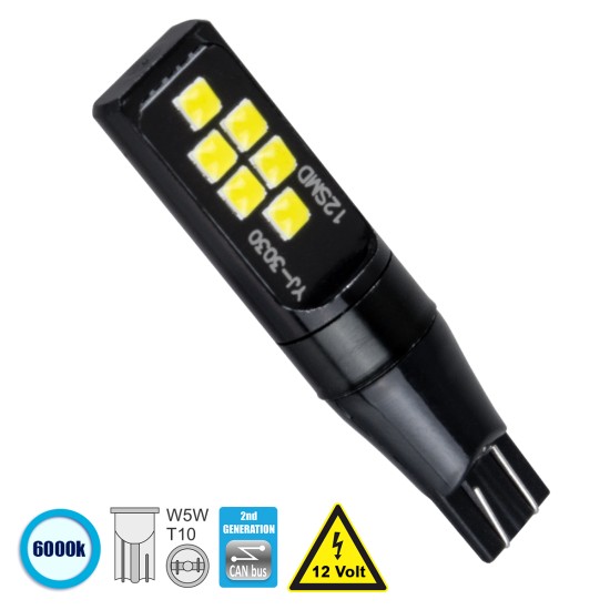 T10 W5W 81121 Λάμπα Αυτοκίνητου  2nd Generation Can-Bus Series LED 12 SMD 3030 8W 1200lm 360° DC 12V IP20 Ψυχρό Λευκό 6000K