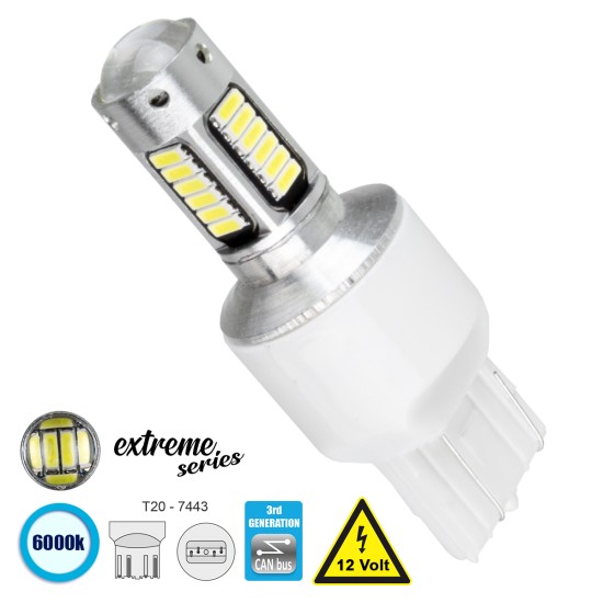 81148 Λάμπα Αυτοκίνητου T20 - 7443 - W21/5W 3rd Generation Can-Bus Extreme Series LED 30 SMD 4014 6W 900lm 360° DC 12V IP20 Ψυχρό Λευκό 6000K