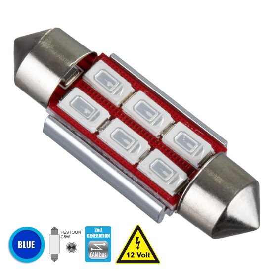 C5W 81314 Λάμπα Αυτοκίνητου 36mm FESTOON  2nd Generation Can-Bus Series LED 6 SMD 5630 4W 480lm 120° DC 12V IP20 Μπλε