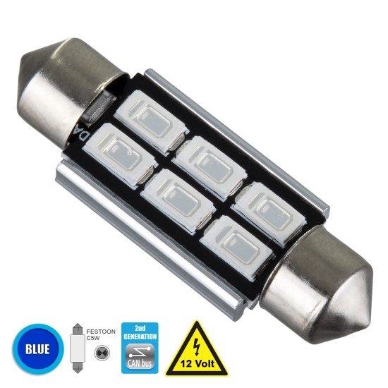 C5W 81317 Λάμπα Αυτοκίνητου 39mm FESTOON  2nd Generation Can-Bus Series LED 6 SMD 5630 4W 480lm 120° DC 12V IP20 Μπλε