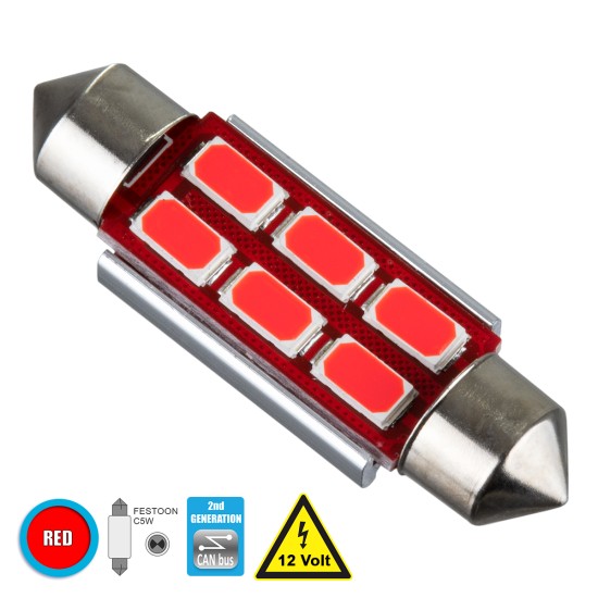 C5W 81318 Λάμπα Αυτοκίνητου 39mm FESTOON  2nd Generation Can-Bus Series LED 6 SMD 5630 4W 480lm 120° DC 12V IP20 Κόκκινο