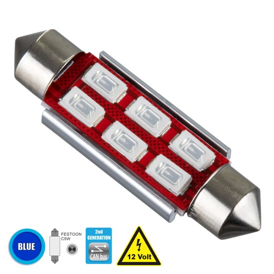 C5W 81323 Λάμπα Αυτοκίνητου 42mm FESTOON  2nd Generation Can-Bus Series LED 6 SMD 5630 4W 480lm 120° DC 12V IP20 Μπλε