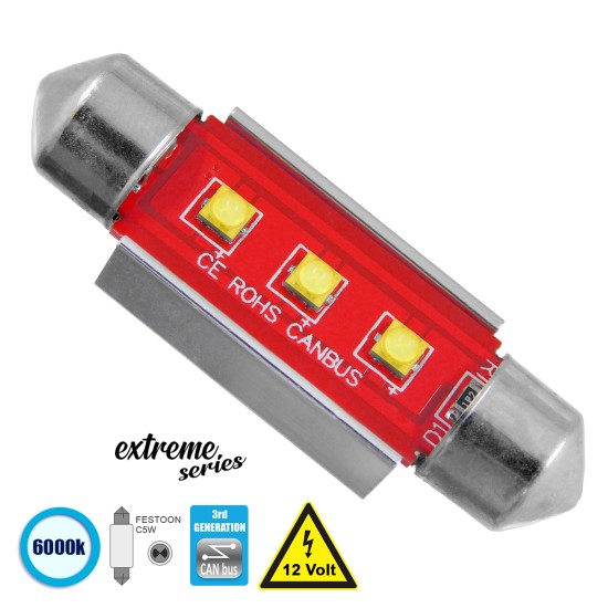 C5W 81326 Λάμπα Αυτοκίνητου 39mm FESTOON  3rd Generation Can-Bus Extreme Series LED 3 CREE XBD 7.5W 1058lm 120° DC 12V IP20 Ψυχρό Λευκό 6000K