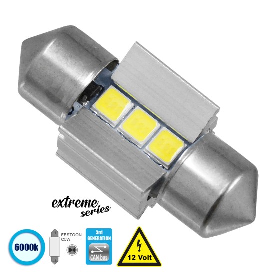 C5W 81336 Λάμπα Αυτοκινήτου 28mm FESTOON  3rd Generation Can-Bus Extreme Series LED 3 SMD 3030 3W 450lm 120° DC 12V IP20 Ψυχρό Λευκό 6000K