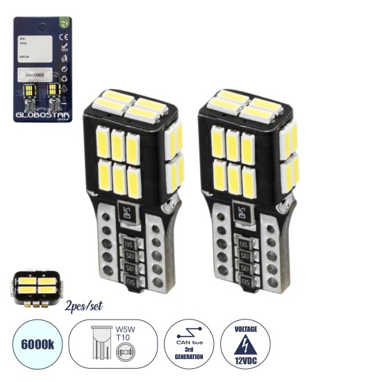 T10 W5W 81475-B Λάμπες Αυτοκινήτου LED  3rd Generation Can-Bus Series 24xSMD4014 1.8W 270lm 360° DC 12-16V IP20 Μ1 x Π1 x Υ2.5cm Ψυχρό Λευκό 6000K - Σετ 2 Τεμαχίων σε Blister