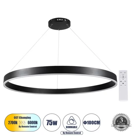 VENOM 61182 Μοντέρνο Κρεμαστό Φωτιστικό Οροφής LED 75W 8818lm 120° AC 220-240V IP20 Ρυθμιζόμενο Λευκό CCT με Χειριστήριο από 2700K έως 6000K Dimmable - Lumileds SMD Chip - Μαύρο Ματ - Μ100 x Π100 x Υ6.5cm - 3 Χρόνια Εγγύηση