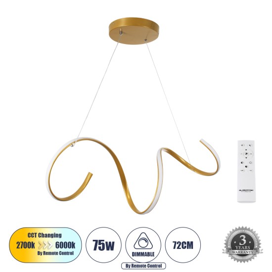 SPIRALE 61286 Μοντέρνο Κρεμαστό Φωτιστικό Οροφής LED 75W 8400lm 300° AC 220-240V IP20 Ρυθμιζόμενο Λευκό CCT με Χειριστήριο από 2700K έως 6000K Dimmable - Lumileds SMD Chip - Χρυσό Βούρτσας - Μ72 x Π25 x Υ30cm - 3 Χρόνια Εγγύηση