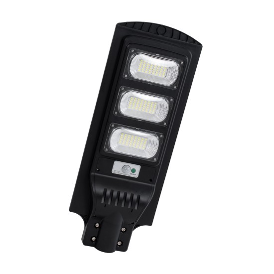 STREETB 85343 Φωτιστικό Δρόμου LED 90W 4500lm 120° DC 5V με Ενσωματωμένο Φωτοβολταϊκό Panel 6V 12W & Επαναφορτιζόμενη Μπαταρία Li-ion 3.2V 12000mAh με Αισθητήρα Κίνησης-Ημέρας-Νύχτας Αδιάβροχο IP65 Ψυχρό Λευκό 6000K - Μαύρο - Μ24 x Π63 x Υ6cm - 2 Χρόν