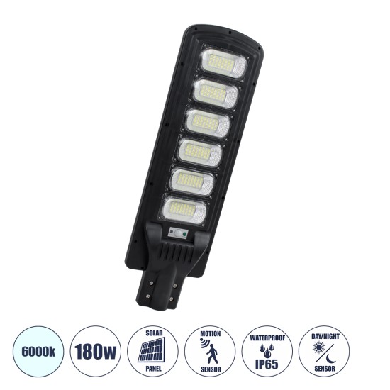 STREETA 85346 Professional LED Solar Street Light Αυτόνομο Ηλιακό Φωτιστικό Δρόμου 180W 1800lm 288 x LED SMD 5730 με Ενσωματωμένο Φωτοβολταϊκό Panel 6V 20W & Επαναφορτιζόμενη Μπαταρία Li-ion 3.2V 30000mAh με Αισθητήρα Ημέρας-Νύχτας & PIR Αισθητήρα