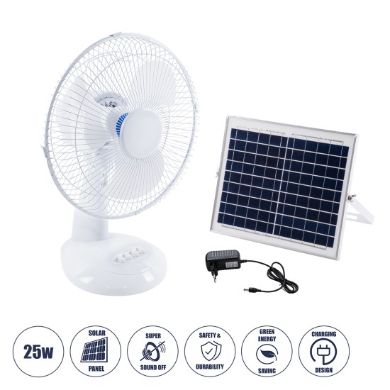 SOLARI-FAN 85354 Solar Fan Αυτόνομος Ηλιακός Επιτραπέζιος Ανεμιστήρας 25W 2 Λειτουργιών Ρεύματος με AC 220-240V ή με Φωτοβολταϊκό Panel 9V 12W & Επαναφορτιζόμενη Μπαταρία Li-ion 7.4V 4400mAh - 3 Ταχύτητες - IP20 - Μ24 x Π36 x Υ49cm - Λευκό - 2 Years W