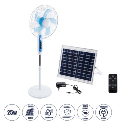 SOLARE-FAN 85357 Solar Fan Αυτόνομος Ηλιακός Επιδαπέδιος Ανεμιστήρας 25W 2 Λειτουργιών Ρεύματος με AC 220-240V ή με Φωτοβολταϊκό Panel 9V 15W & Επαναφορτιζόμενη Μπαταρία Li-ion 7.4V 6000mAh - 12 Ταχύτητες - Ασύρματο Χειριστήριο - Ενσωματωμένο USB 2.0 