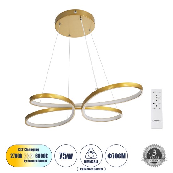 BUTTERFLY 61393 Κρεμαστό Φωτιστικό Οροφής Design LED CCT 75W 8400lm 300° AC 220-240V - Εναλλαγή Φωτισμού μέσω Τηλεχειριστηρίου All In One Ψυχρό 6000k+Φυσικό 4500k+Θερμό 2700k Dimmable Μ71 x Π52 x Υ4cm - Χρυσό Βούρτσας - 3 Years Warranty