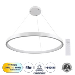 NEMESIS 61162 Κρεμαστό Φωτιστικό Δαχτυλίδι-Κύκλος LED CCT 67W 7689lm 360° AC 220-240V - Εναλλαγή Φωτισμού μέσω Τηλεχειριστηρίου All In One Ψυχρό 6000k+Φυσικό 4500k+Θερμό 2700k Dimmable Φ80cm - Λευκό - 3 Years Warranty