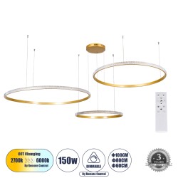DIAMOND TRIO 61147 Μοντέρνο Κρεμαστό Φωτιστικό Οροφής LED 150W 18379lm 360° AC 220-240V IP20 Ρυθμιζόμενο Λευκό CCT με Χειριστήριο από 2700K έως 6000K Dimmable - Lumileds SMD Chip - Χρυσό Βούρτσας - Μ170 x Π170 x Υ60cm - 3 Χρόνια Εγγύηση