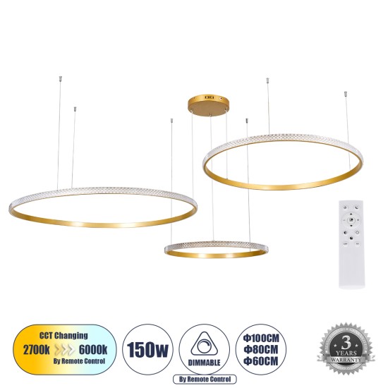 DIAMOND TRIO 61147 Μοντέρνο Κρεμαστό Φωτιστικό Οροφής LED 150W 18379lm 360° AC 220-240V IP20 Ρυθμιζόμενο Λευκό CCT με Χειριστήριο από 2700K έως 6000K Dimmable - Lumileds SMD Chip - Χρυσό Βούρτσας - Μ170 x Π170 x Υ60cm - 3 Χρόνια Εγγύηση