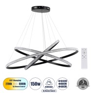 DIAMOND TRIO 61140-DECO Κρεμαστό Φωτιστικό Δαχτυλίδι-Κύκλος LED CCT 150W 18379lm 360° AC 220-240V - Εναλλαγή Φωτισμού μέσω Τηλεχειριστηρίου All In One Ψυχρό 6000k+Φυσικό 4500k+Θερμό 2700k Dimmable Φ60+80+100cm - Μαύρο - 3 Years Warranty