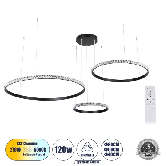 DIAMOND TRIO 61144 Μοντέρνο Κρεμαστό Φωτιστικό Οροφής LED 120W 14723lm 360° AC 220-240V IP20 Ρυθμιζόμενο Λευκό CCT με Χειριστήριο από 2700K έως 6000K Dimmable - Lumileds SMD Chip - Μαυρό Ματ - Μ150 x Π150 x Υ60cm - 3 Χρόνια Εγγύηση