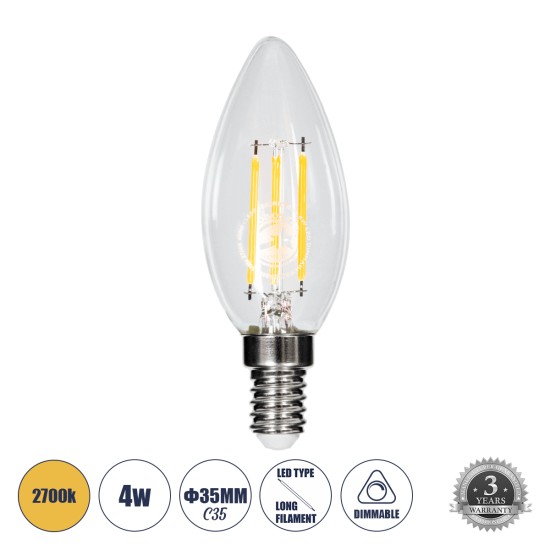 99001 Λάμπα LED Long Filament E14 C35 Κεράκι 4W 400lm 360° AC 220-240V IP20 Φ3.5 x Υ10.5cm Θερμό Λευκό 2700K με Διάφανο Γυαλί Dimmable - 3 Χρόνια Εγγύηση