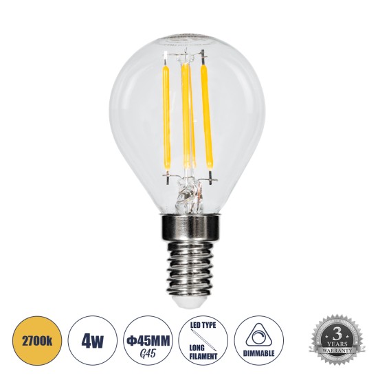 99003 Λάμπα LED Long Filament E14 G45 Γλομπάκι 4W 400lm 360° AC 220-240V IP20 Φ4.5 x Υ7.5cm Θερμό Λευκό 2700K με Διάφανο Γυαλί Dimmable - 3 Χρόνια Εγγύηση