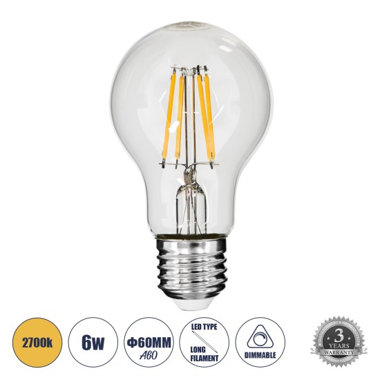 99006 Λάμπα LED Long Filament E27 A60 Γλόμπος 6W 600lm 360° AC 220-240V IP20 Φ6 x Υ10.5cm Θερμό Λευκό 2700K με Διάφανο Γυαλί - Dimmable - 3 Χρόνια Εγγύηση