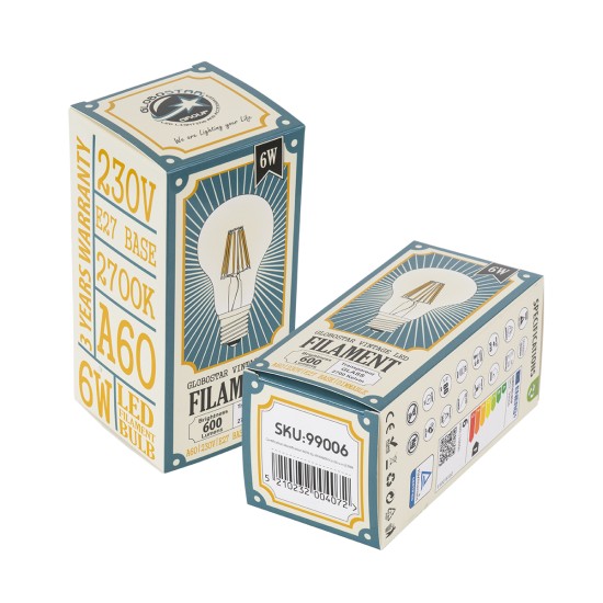 99006 Λάμπα LED Long Filament E27 A60 Γλόμπος 6W 600lm 360° AC 220-240V IP20 Φ6 x Υ10.5cm Θερμό Λευκό 2700K με Διάφανο Γυαλί - Dimmable - 3 Χρόνια Εγγύηση