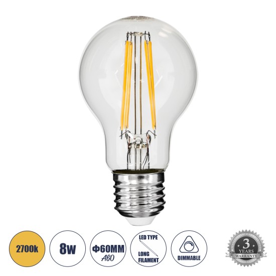 99007 Λάμπα LED Long Filament E27 A60 Γλόμπος 8W 800lm 360° AC 220-240V IP20 Φ6 x Υ10.5cm Θερμό Λευκό 2700K με Διάφανο Γυαλί - Dimmable - 3 Χρόνια Εγγύηση