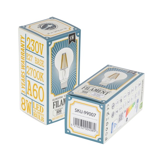 99007 Λάμπα LED Long Filament E27 A60 Γλόμπος 8W 800lm 360° AC 220-240V IP20 Φ6 x Υ10.5cm Θερμό Λευκό 2700K με Διάφανο Γυαλί - Dimmable - 3 Χρόνια Εγγύηση