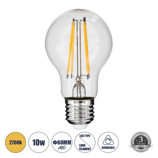 99008 Λάμπα LED Long Filament E27 A60 Γλόμπος 10W 1000lm 360° AC 220-240V IP20 Φ6 x Υ10.5cm Θερμό Λευκό 2700K με Διάφανο Γυαλί - Dimmable - 3 Years Warranty