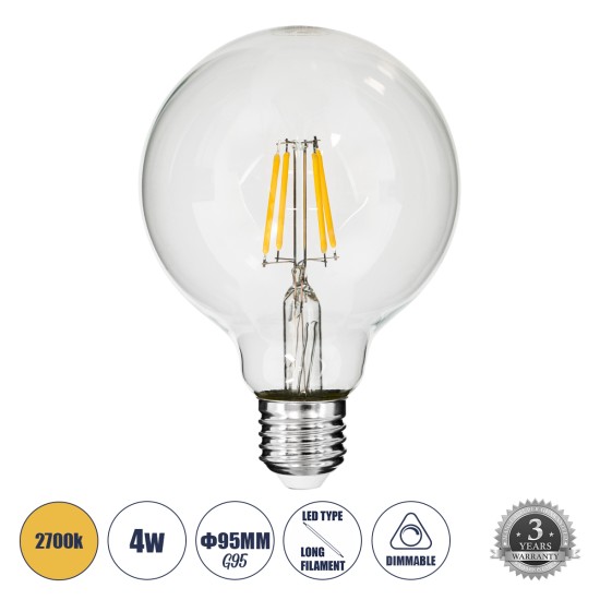 99009 Λάμπα LED Long Filament E27 G95 Γλόμπος 4W 400lm 360° AC 220-240V IP20 Φ9.5 x Υ13.5cm Θερμό Λευκό 2700K με Διάφανο Γυαλί - Dimmable - 3 Years Warranty